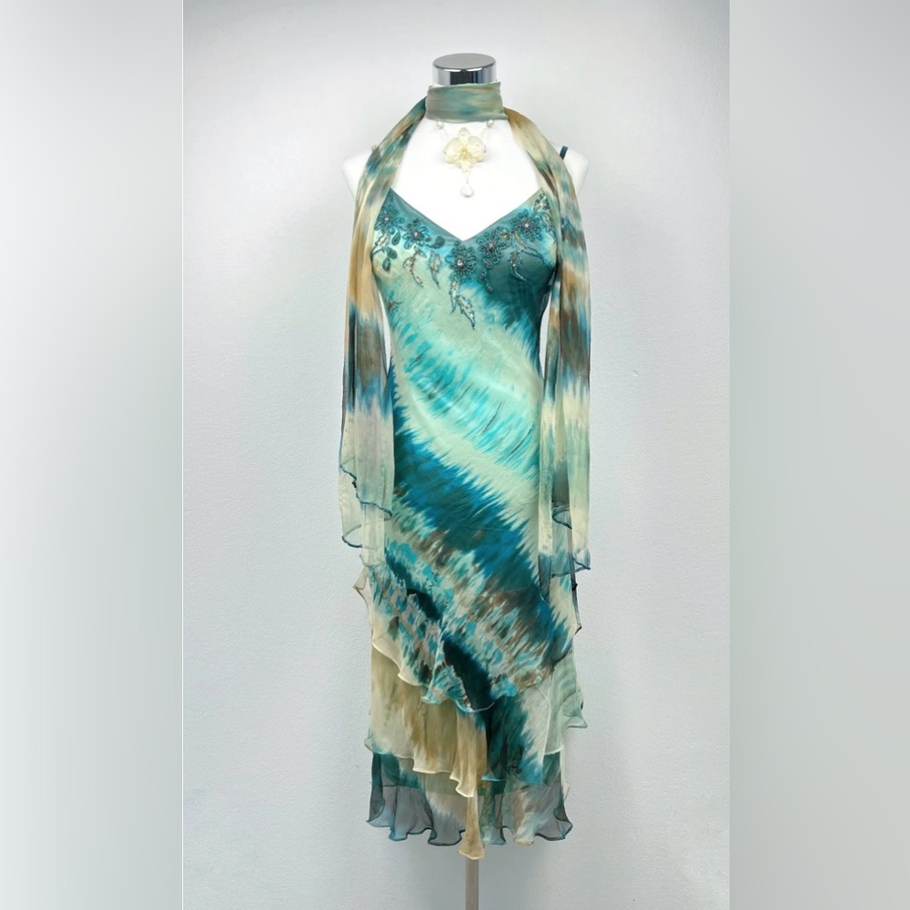 Vintage Y2K Silk Floral Beaded Teal Tie-Dye V-Neck Slip Evening Dress
